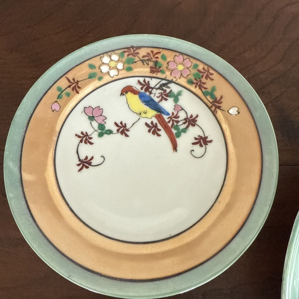 Vintage Nippon Hand Painted Porcelain Lusterware Plate Dish Bird Red Flowers